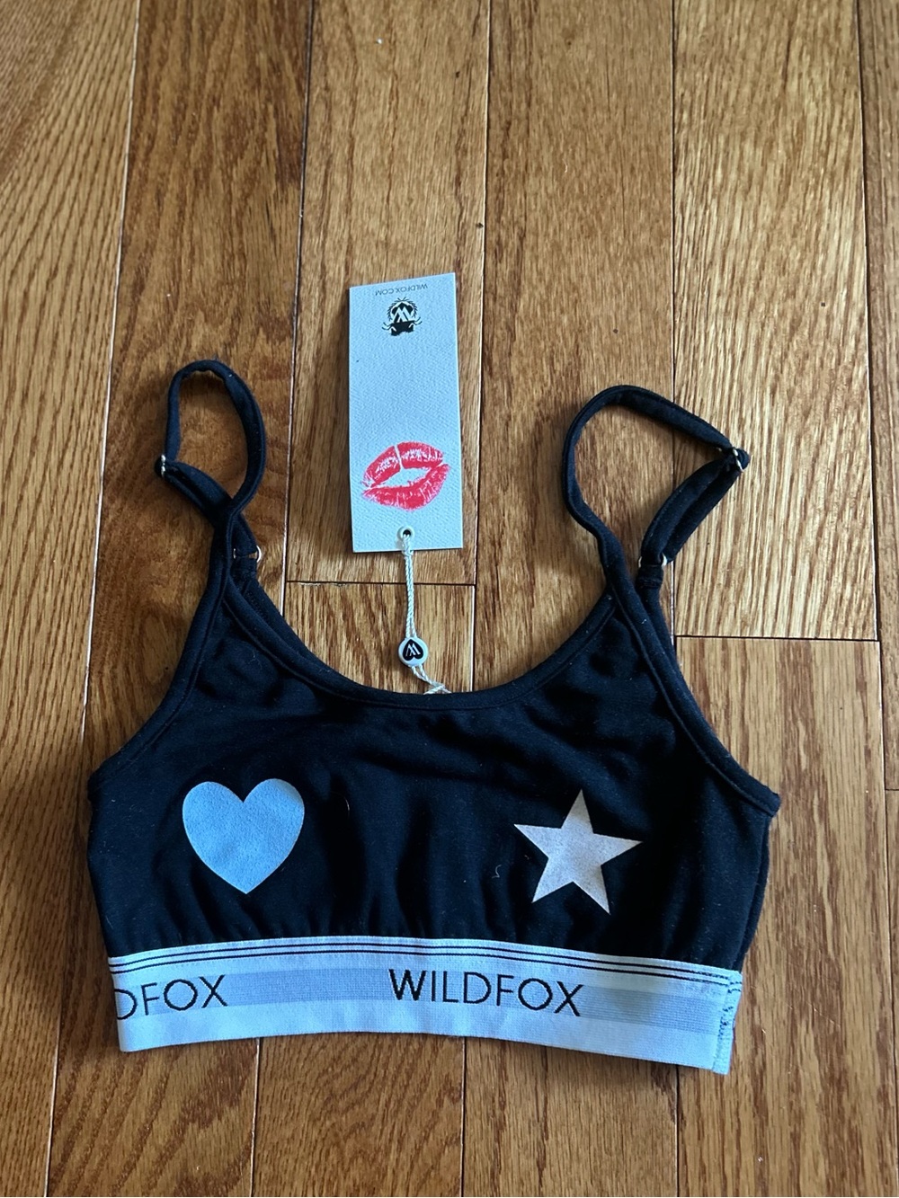 RARE Classic Wildfox Black Crop Bralette with White Heart & Star Sports Bra